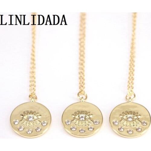 10Pcs, Zirconia Micro Pave CZ Fashion Jewelry Gold Color Eye Round Shaped Pendant Necklace Men Womens Jewelry