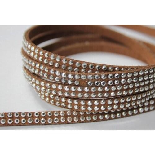 Free Ship 100 Meterse 5mm*1.5mm Brown Flat Faux Suede Leather Cord With Two Lines Silver Studs