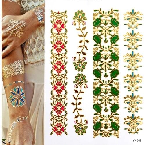 Hot Flash Metallic Waterproof Temporary Tattoo Gold Silver Tatoo Women Henna Boho Floral Design Tattoo Sticker