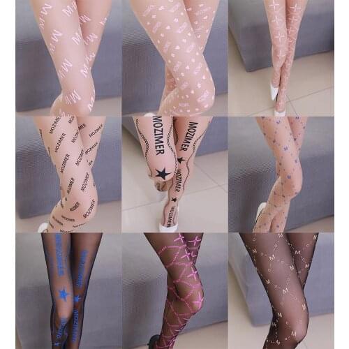 New Designs Sexy France Fashion Letters Transparent Print Pattern Tights High Flexiable Fish Net Pantyhose Womens Stockings