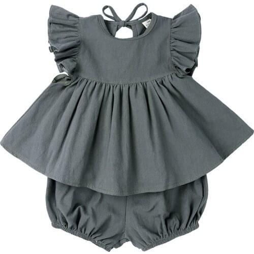 Toddler Girl Clothes Spring Summer Ruffle Shouder Cotton Linens Short Sleeve Tops+Shorts Baby Girl Clothing Sets