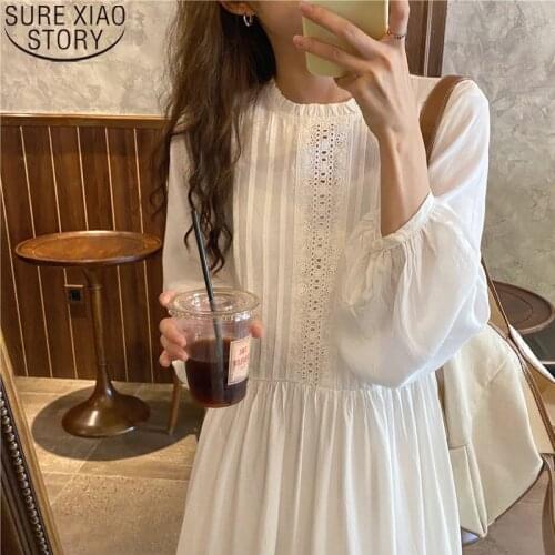 Korean Chic Dress Women Sweet Stylish White Lace Dresses Loose Pleated Dress Vestidos Casual 2021 Early Autumn Dresses 14515