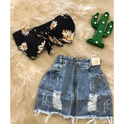 Fashion Girl Clothes Flower Tube top Black Short Vest Ripped Jean Denim Skirt Outfits Children Summer Clothes 1-6 Yeras