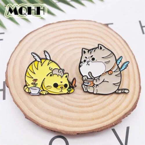 Cartoon Cute Sweet Animal Cat Pin Wing Cat Eat Fish Potted Plant Flower Enamel Brooch Creative Alloy Badge Fashion Jewelry Gift