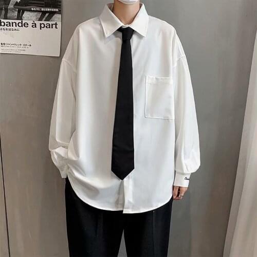 White shirt mens long sleeve Korean style trendy letter embroidery student handsome leisure with black shirt DK