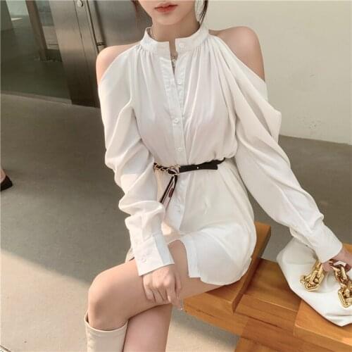 2021 spring new Korean design sexy strapless single-breasted short dresses blouse shirt dress high fashion
