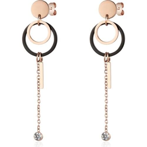 New Black And Rose Gold Double Circle Hang Zircon And Strip Woman Drop Earring Titanium Steel Jewelry Earring Couple Gift
