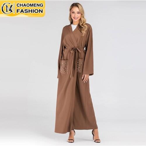 New Design Middle East Women Kaftan With Pocket Brown Pearls Front Open Muslim Arabic Abayas Kimono Islamic Clothing