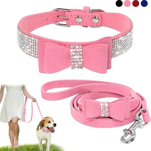 Bling Bowknot Suede Leather Rhinestone Dog Collar and Leash Set Pet Puppy Cat Chihuahua Collars For Small Medium Dogs Cats Pink