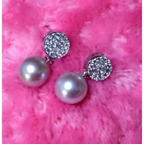 A pair 9-10mm AAA south sea lavender round pearl dangle earrings