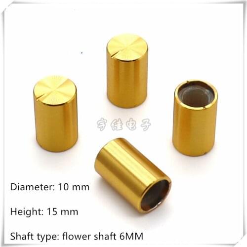 2 Piece 10 x 15MM Golden aluminum alloy knob potentiometer mechanical panel adjustment knob is suitable for flower shaft of 6mm