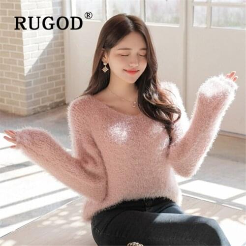 RUGOD women sweet pink sweater women elegant v neck long sleeve mink cashmere sweater casual spring knitted pullover pull femme