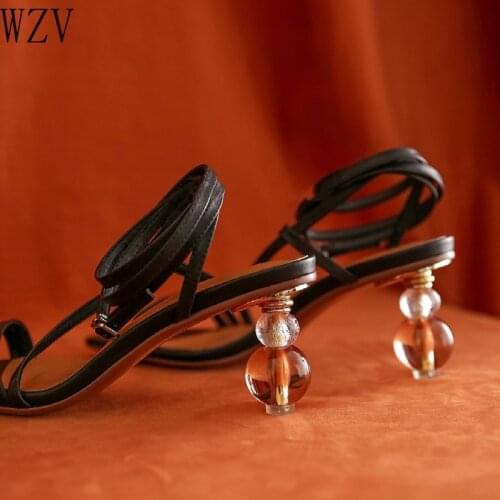 New Fashion Women Sandals Crystal Ball Heel Lace-Up Sandals Back Strap Summer Shoes Gladiator Sandals Narrow Band Zapatos Mujer