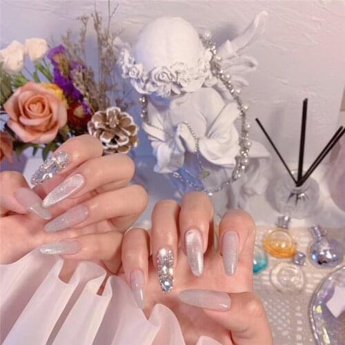 Sliver pure color UV gel false nails with full diampond 3d decorated fake nails french false nails 24pcs with glue Bride