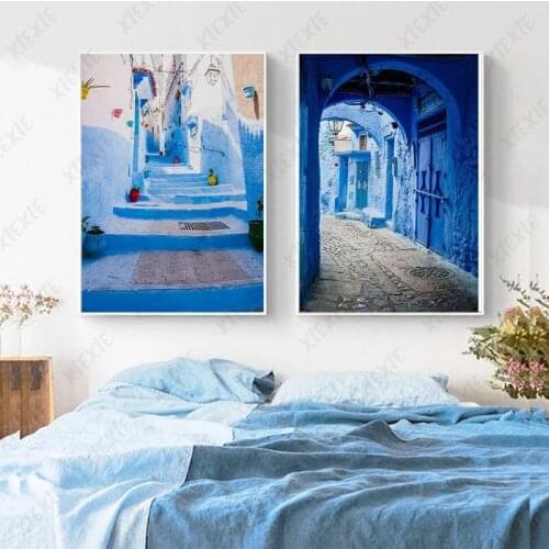 Blue Nordic Landscape Canvas Painting Urban Architecture Retro Poster Art Wallpaper Picture Print Decoration Home Bedroom