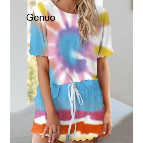 Women Casual 2 Piece Set Ruched Short Sleeve T-shirt And Shorts Tie Dye Lounge Wear Two Pieces Matching Set Homesuit Nightgown
