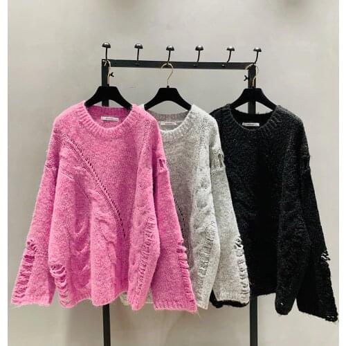2020 New Fall/Winter Crewneck Turtleneck Sweater Loose Jumper Womens Middle Long Twist Broken Hole Knitted Jumper Oversized