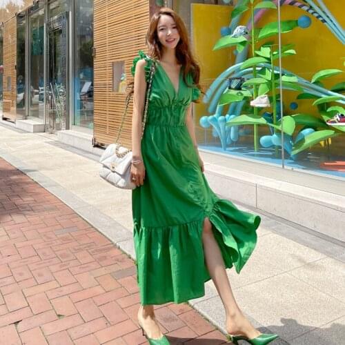 2021 New Green Elegant Dress For Women V Neck Short Sleeve High Waist Lace Up Bowknot Patchwork Ruffle Dresses Female Summer