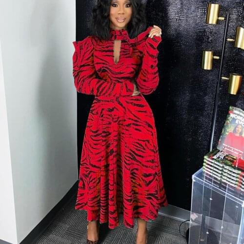 Vintage Zebra Print African Dresses for Women 2021 Summer Midi Dress Party Long Sleeve A-line Christmas Robe Femme Vestidos