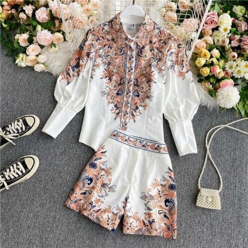 Amolapha Women Vintage Flower Printed Puff Sleeve Single Button Blouse Shirts+Shorts 2PCS Sets Print Short Pants Suit