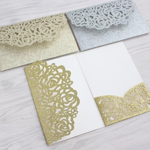 Bling golden card invitation rose laser cutting pocket invitation set glittery paper wedding party supply factory supply