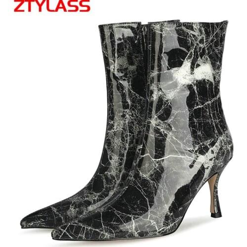Fashion Marbling Ankle Boots Sexy Patent Leather High Heel Women Boots Spring Autumn Zipper Woman Boots Shoes Big Size 42 43