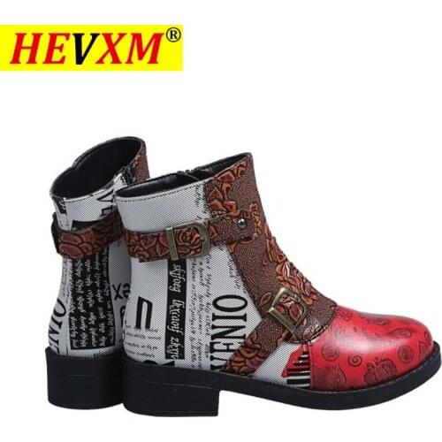 HEVXM Embossed Boots Rose Genuine Leather Splicing Low Heel Ankle Boots Elegant Ladies Shoes Women Shoes Botas Mujer 2020