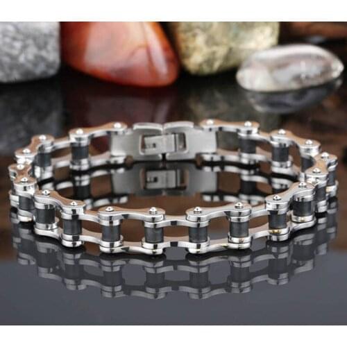 New Silver Color And Black Tone Bracelet Chain Fitness Stainless Steel Motorcycle Chain Cool Men Boy Bracelet Bangle Friend Gift