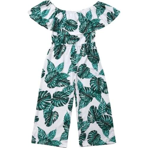 2019 Toddler Girls Jumpsuit Summer Kids Baby Clothes Off Shoulder Leaves Print Romper Children Jumpsuit Outfit 3-8T