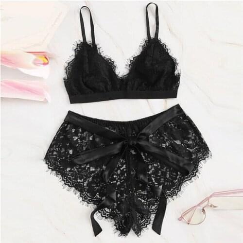 Hot Women Lingerie Sexy Suit Lace Bra and Panty Solid Color Hollow Splice Bow Sexy Ladies Underwear Sleepwear Set Lovers Gift