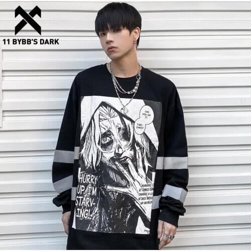 11 BYBBS DARK Reflective Demon Print Harajuku Long Sleeve Tshirt Cotton Tops Hip Hop Casual Streetwear Dark Comics Pullovers