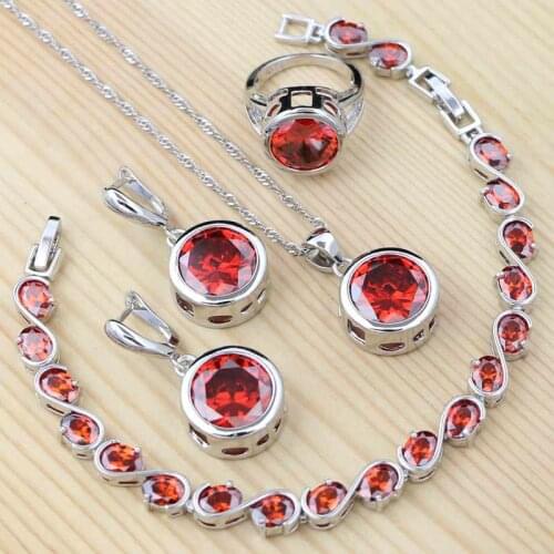 Round Red Garnet Classic Jewelry 925 Silver Jewelry Sets Women Wedding Necklace/Earrings/Bracelet/Pendant/Ring