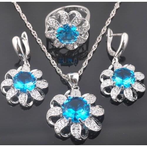 Gorgeous Sky Blue Zircon Womens Silver Color Jewelry Sets Earrings Pendant Necklace Rings QZ0349