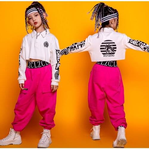 Jazz Dance Costume Crop Tops Rose Pink Pants For Girls Kids Hip Hop Clothing Modern Catwalk Street Wear Performance Suit BL5229