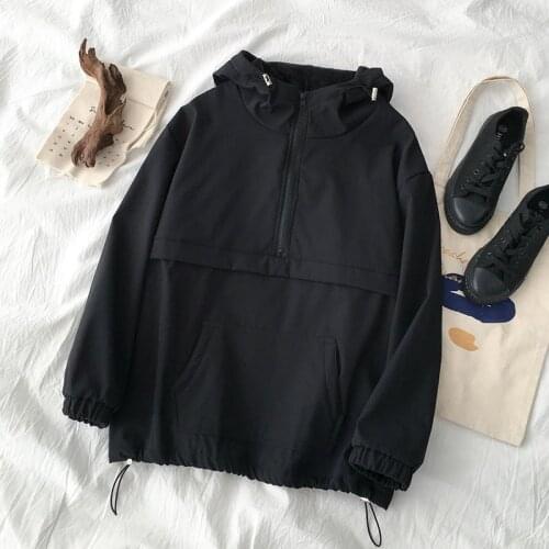 NEW Harajuku Safari Style Thickening Loose Jacket Women Casual Black Hooded Zipper Fly Warm Pullover Female Straight Coton Tops