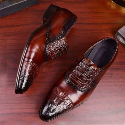 2020 Men Genuine Leather Shoes Crocodile Pattern Business Dress Classic Style Wine Black Lace Up Pointed Toe Male Oxford Shoe