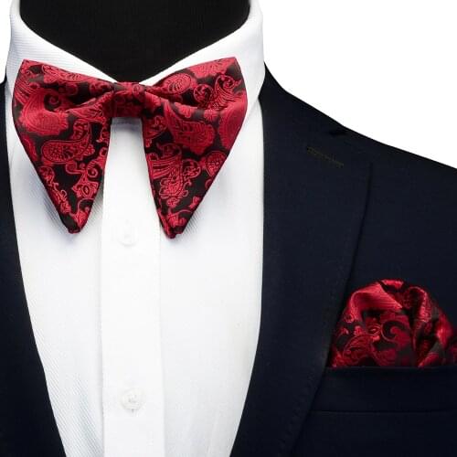 Ricnais Silk Big Bow Tie Set For Men Red White Paisley Pocket Square Bowtie Suit Mens Business Wedding Hankerchief Ties Gifts