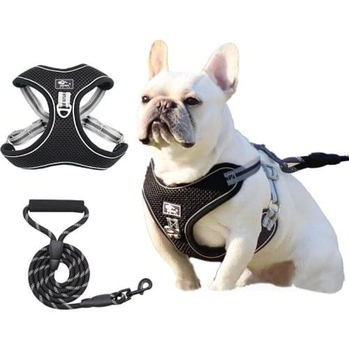 New Polyester Mesh Dog Harness Vest Black Dog Soft Adjustable Harness Pet Large Dog Walk Out No Pull Dog Harness And Leash Set