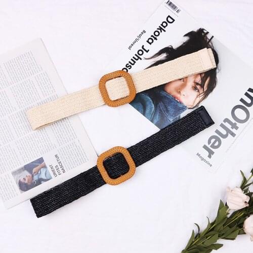 Beige and black Belt For ladies smooth Slide brown buckle vintage Weave Elasticity Stretch Waist decorative for dress Garment