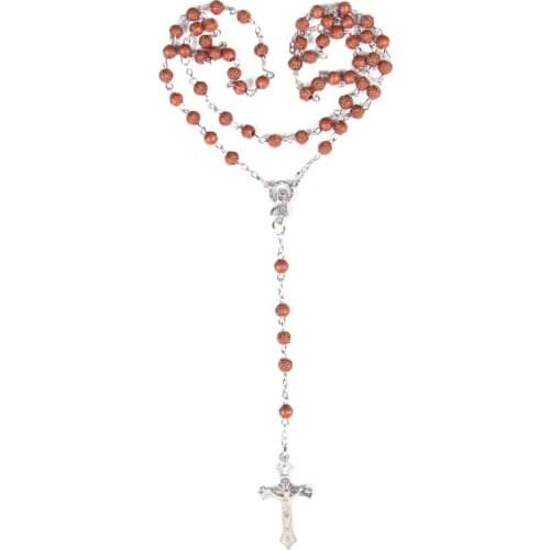 Handmade Christ Men Catholic Gift Cross Pendant Necklace Rose Wooden Beads Wooden Rosary Necklace Jesus Rosary Jewelry