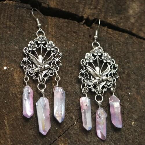 Handmade raw crystal Wicca bird of life bird of paradise Raw natural crystal earrings wedding bride girlfriend gift