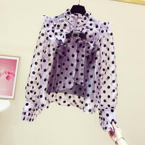 Puff Sleeve Sweet Polka Dot Organza Shirt for Women 2021 Spring New Loose Lotus Leaf Top Blouse Ladies Blusas