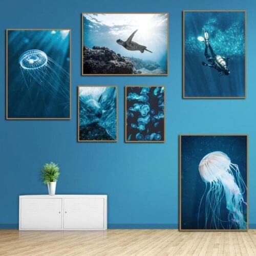 Blue Minimalist Art Wall Paintings Jellyfish Whale Scandinavian Nordic Canvas Print Poster Sea World Animal Wall Picture