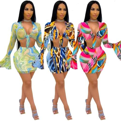 Sexy Sheer Mesh Two Piece Skirt Set Long Falre Sleeve Tie Crop Top Mini Skirt Suit Night Club Transparent Women Clothing 2021