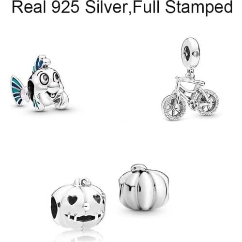 Sparkling Bicycle Pendants Fish Charms Real 925 Sterling Silver Pumpkin Beads Fits Original Bracelets Bangles Funny Gifts