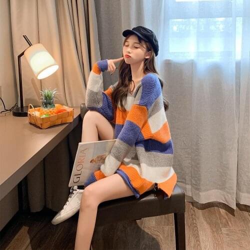 Oversized women striped V neck loose knit sweater fashion girls long sleeved pullover sweaters