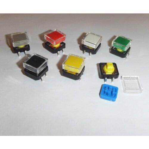 140pcs/lot 12*12*7.3mm DIP Tactile Push Button with colorful Cap and transparent Cover Tact Switches 12x12mm Colorful