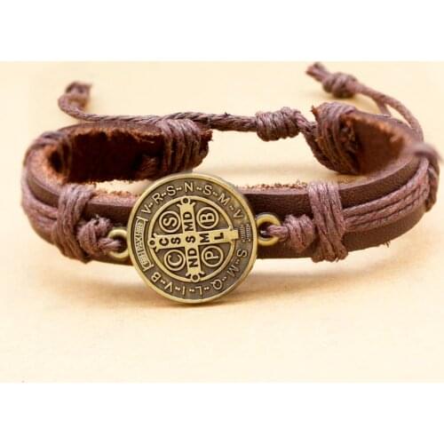 Vintage Gold Catholic Religious Saint St.G Benedict Medal Leather Bracelets For Women Bangle Cuff Pulseira Masculina Feminina Me