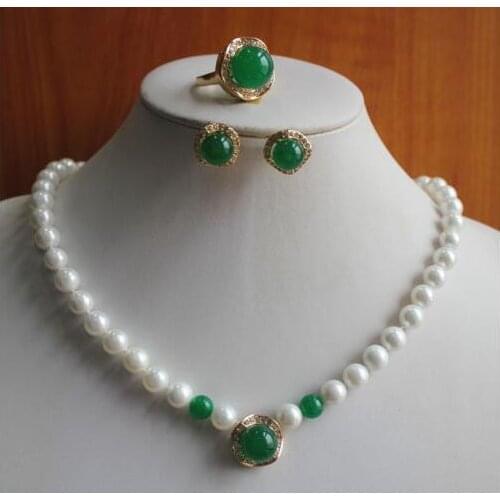 Wonderful New Design White Pearl/Green Necklace Earring Ring Jewelry Set free shipping