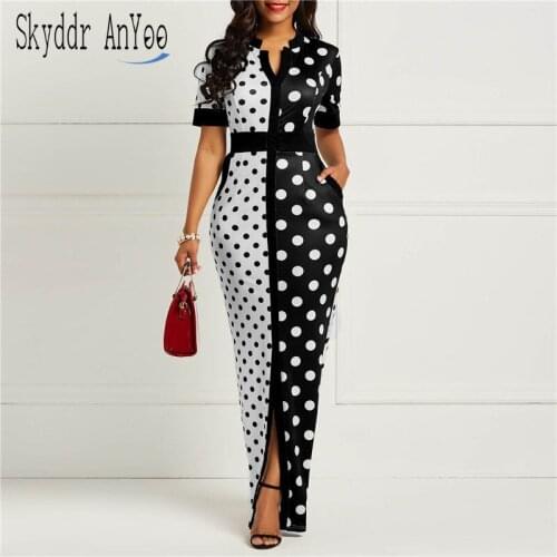 Women Summer Bodycon Vestidos Polka Dot Short Sleeve Vintage Maxi Dress Plus Size 2XL Office Ladies Long Dresses Split Sexy Robe